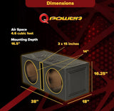 Q Bomb Series 15 Inch Ported Car Subwoofer Sub Box Enclosure with Dual Vented Chamber Design and Black Bed Liner Spray Finish, Black